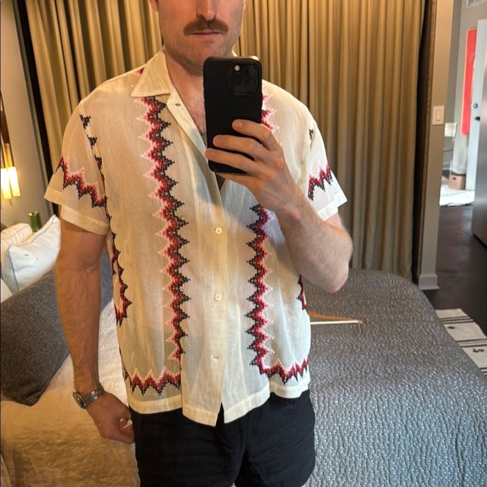 Bode Casual Cream and Red Geometric Button Down Shirt - Lace/Sheer